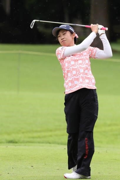 Nana Suganuma of Japan hits her second shot on the 6th hole during the final round of the CAT Ladies at Daihakone Country Club on August 22, 2021 in...