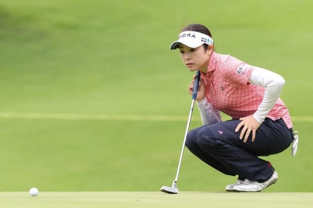 Sumika Nakasone of Japan lines up her putt on the 6th hole during the final round of the CAT Ladies at Daihakone Country Club on August 22, 2021 in...