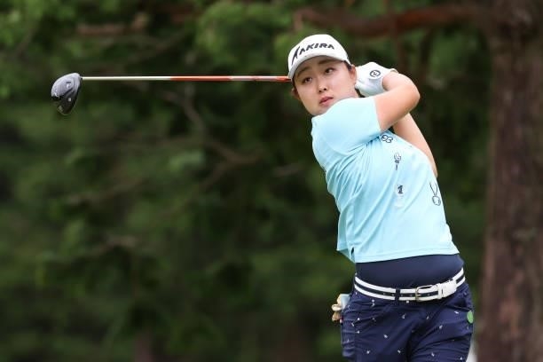 Mio Kotaki of Japan hits her tee shot on the 7th hole during the final round of the CAT Ladies at Daihakone Country Club on August 22, 2021 in...
