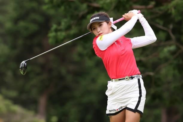 Reika Usui of Japan hits her tee shot on the 7th hole during the final round of the CAT Ladies at Daihakone Country Club on August 22, 2021 in...