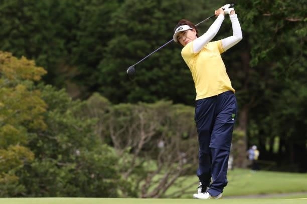 Shiho Oyama of Japan hits her tee shot on the 7th hole during the final round of the CAT Ladies at Daihakone Country Club on August 22, 2021 in...