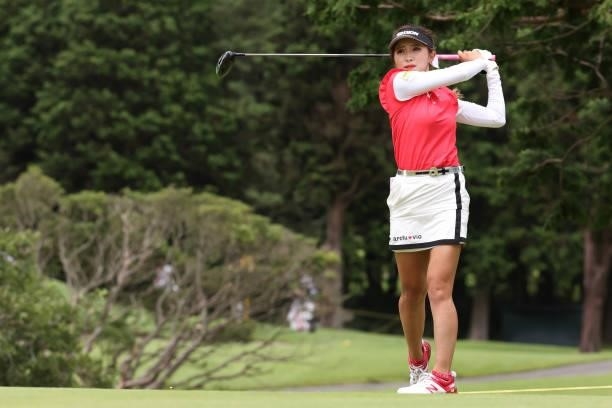 Reika Usui of Japan hits her tee shot on the 7th hole during the final round of the CAT Ladies at Daihakone Country Club on August 22, 2021 in...
