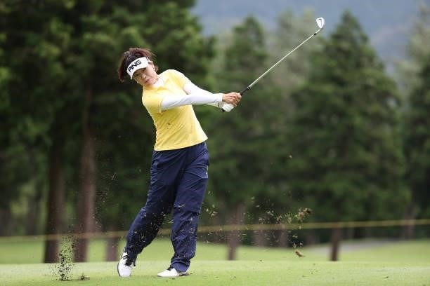 Shiho Oyama of Japan hits her second shot on the 7th hole during the final round of the CAT Ladies at Daihakone Country Club on August 22, 2021 in...