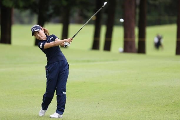 Ayako Kimura of Japan hits her second shot on the 7th hole during the final round of the CAT Ladies at Daihakone Country Club on August 22, 2021 in...