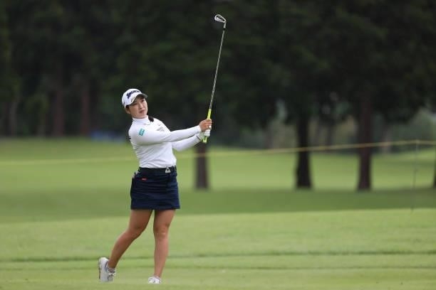 Sakura Koiwai of Japan hits her second shot on the 7th hole during the final round of the CAT Ladies at Daihakone Country Club on August 22, 2021 in...