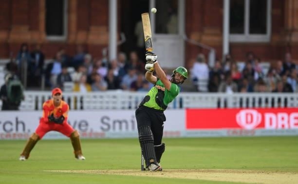 Brave batsman Ross Whiteley hits out during The Hundred Final match between Birmingham Phoenix Men and Southern Brave Men at Lord's Cricket Ground on...