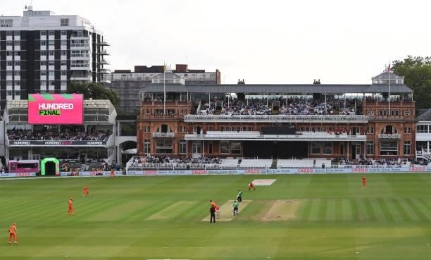 General view of the action as the pavilion provides the backdrop during The Hundred Final match between Birmingham Phoenix Men and Southern Brave Men...