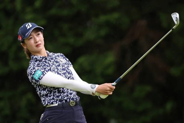 Rei Matsuda of Japan hits her tee shot on the 4th hole during the final round of the CAT Ladies at Daihakone Country Club on August 22, 2021 in...