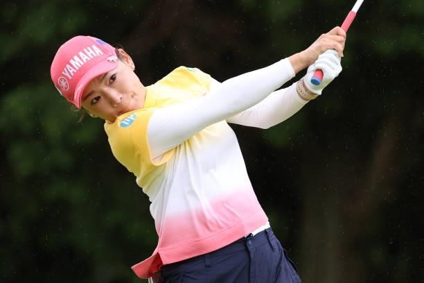 Chie Arimura of Japan hits her tee shot on the 4th hole during the final round of the CAT Ladies at Daihakone Country Club on August 22, 2021 in...