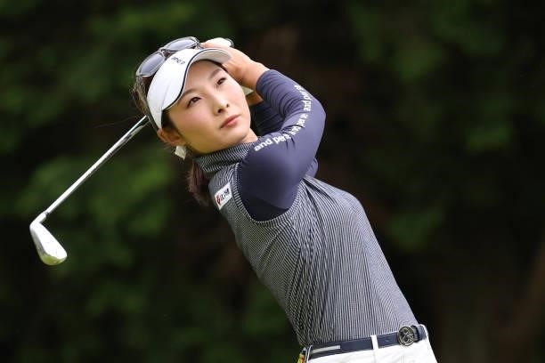 Karen Tsuruoka of Japan hits her tee shot on the 4th hole during the final round of the CAT Ladies at Daihakone Country Club on August 22, 2021 in...