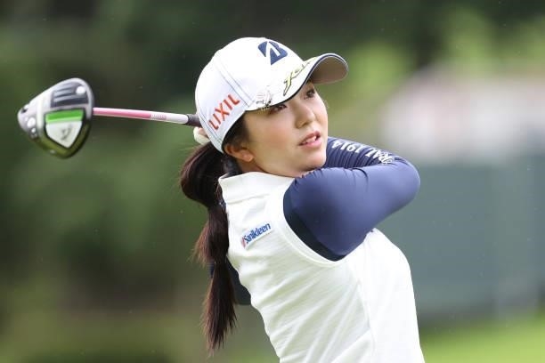 Kotone Hori of Japan hits her tee shot on the 10th hole during the final round of the CAT Ladies at Daihakone Country Club on August 22, 2021 in...