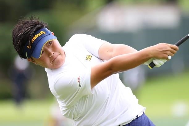 Haruka Kudo of Japan hits her second shot on the 10th hole during the final round of the CAT Ladies at Daihakone Country Club on August 22, 2021 in...