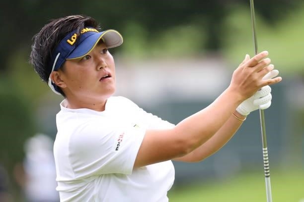 Haruka Kudo of Japan hits her second shot on the 10th hole during the final round of the CAT Ladies at Daihakone Country Club on August 22, 2021 in...