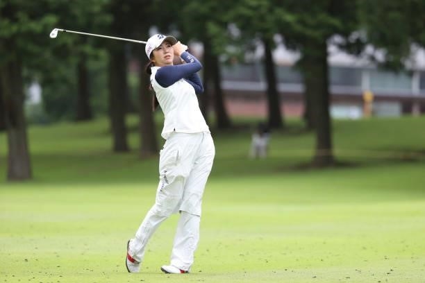 Kotone Hori of Japan hits her second shot on the 10th hole during the final round of the CAT Ladies at Daihakone Country Club on August 22, 2021 in...