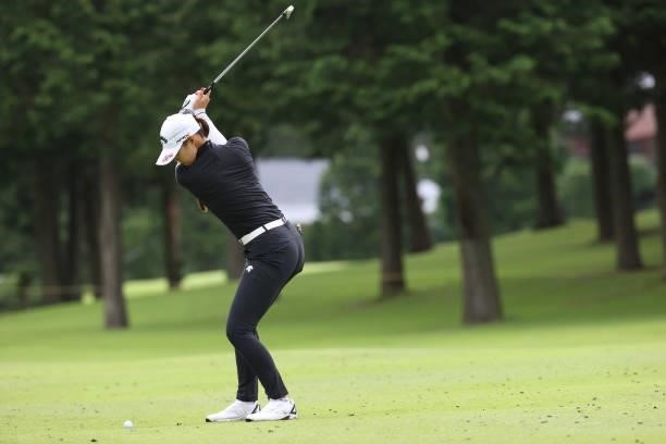 Asuka Kashiwabara of Japan hits her second shot on the 10th hole during the final round of the CAT Ladies at Daihakone Country Club on August 22,...