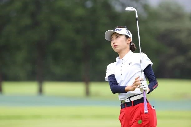 Yuka Yasuda of Japan hits her second shot on the 10th hole during the final round of the CAT Ladies at Daihakone Country Club on August 22, 2021 in...