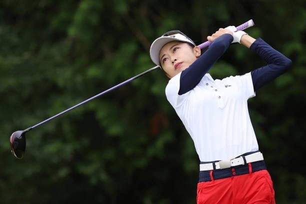 Yuka Yasuda of Japan hits her tee shot on the 11th hole during the final round of the CAT Ladies at Daihakone Country Club on August 22, 2021 in...