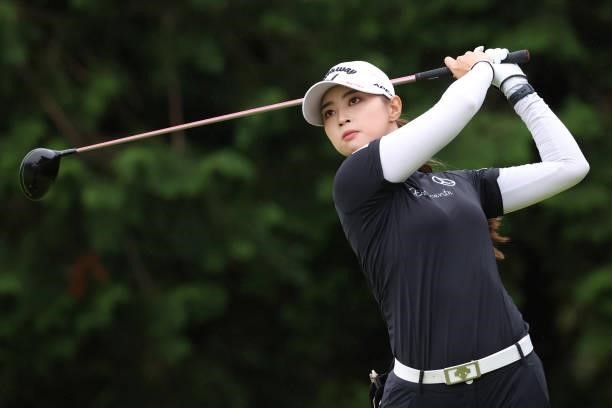 Asuka Kashiwabara of Japan hits her tee shot on the 11th hole during the final round of the CAT Ladies at Daihakone Country Club on August 22, 2021...