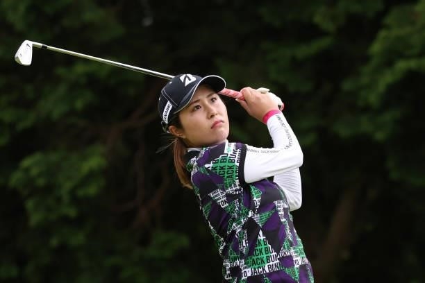 Momoko Osato of Japan hits her tee shot on the 4th hole during the final round of the CAT Ladies at Daihakone Country Club on August 22, 2021 in...