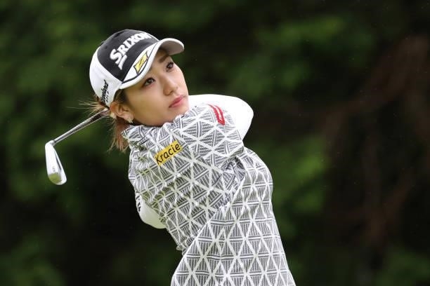 Ayano Yasuda of Japan hits her tee shot on the 4th hole during the final round of the CAT Ladies at Daihakone Country Club on August 22, 2021 in...