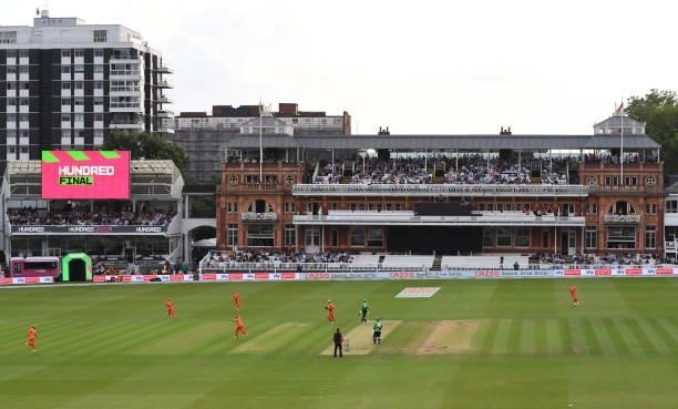 General view of the action as the pavilion provides the backdrop as Imran Tahir sets off in celebration after bowling James Vince during The Hundred...