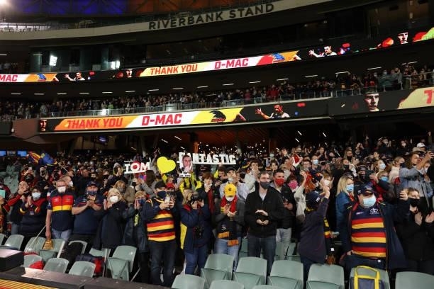 Fans look on during the round 23 AFL match between Adelaide Crows and North Melbourne Kangaroos at Adelaide Oval on August 22, 2021 in Adelaide,...