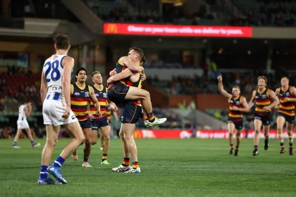 Tom Lynch of the Crows celebrates after kicking a goal during the round 23 AFL match between Adelaide Crows and North Melbourne Kangaroos at Adelaide...