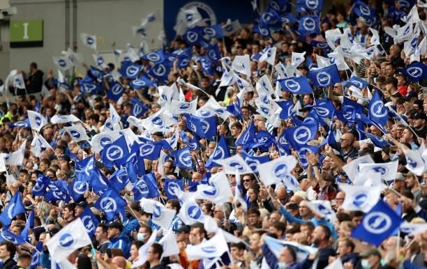Brighton & Hove Albion fans wave flags before the Premier League match between Brighton & Hove Albion and Watford at American Express Community...