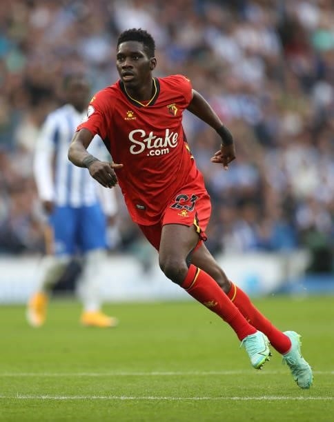 Ismaila Sarr of Watford in action during the Premier League match between Brighton & Hove Albion and Watford at American Express Community Stadium on...