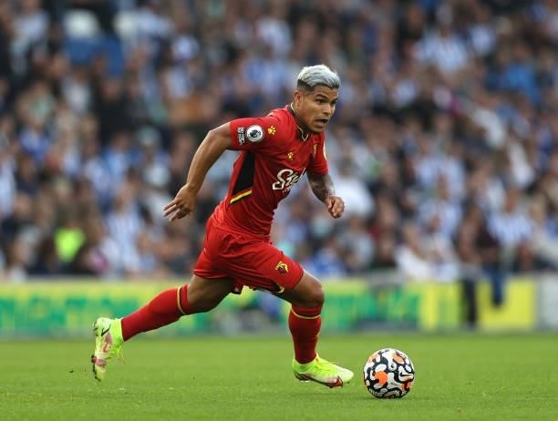 Cucho Hernández of Watford in action during the Premier League match between Brighton & Hove Albion and Watford at American Express Community Stadium...
