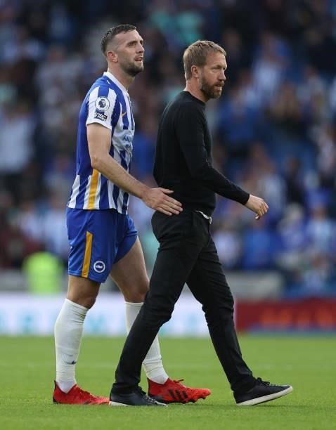 Manager of Brighton & Hove Albion Graham Potter and Shane Duffy after the Premier League match between Brighton & Hove Albion and Watford at American...
