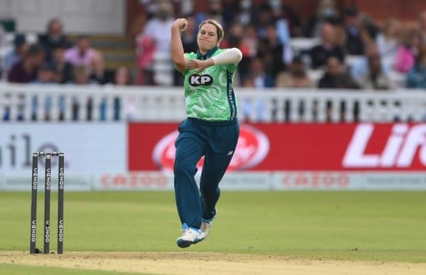 Oval captain Dane van Niekerk in bowling action during The Hundred Final match between Southern Brave Women and Oval Invincibles Women at Lord's...