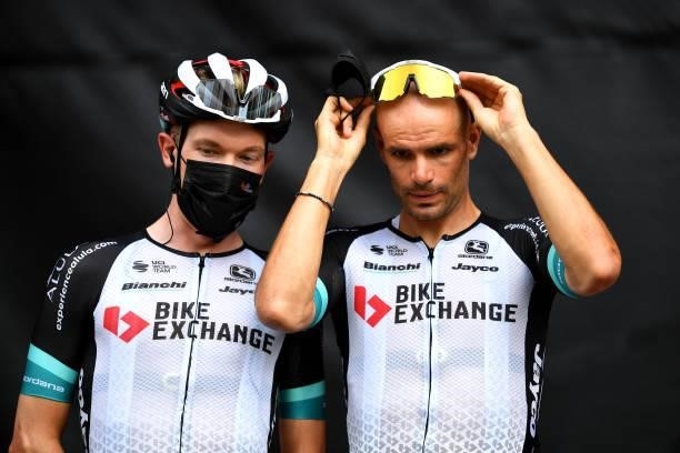 Nicholas Schultz of Australia and Luka Mezgec of Slovenia and Team BikeExchange during the team presentation prior to the 76th Tour of Spain 2021,...