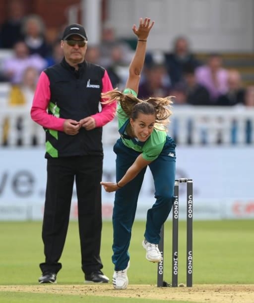 Oval player Tash Farrant in bowling action during The Hundred Final match between Southern Brave Women and Oval Invincibles Women at Lord's Cricket...