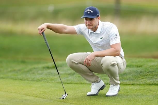 Oliver Fisher of England lines up a shot on the ninth hole during Day Four of The D+D Real Czech Masters at Albatross Golf Resort on August 22, 2021...