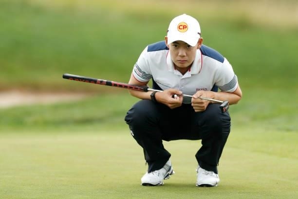 Jazz Janewattananond of Thailand lines up shot on the ninth hole during Day Four of The D+D Real Czech Masters at Albatross Golf Resort on August 22,...