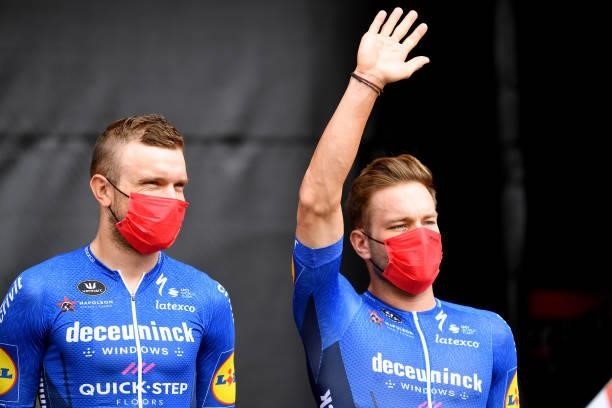 Bert Van Lerberghe of Belgium and Florian Senechal of France and Team Deceuninck - Quick-Step during the team presentation prior to the 76th Tour of...