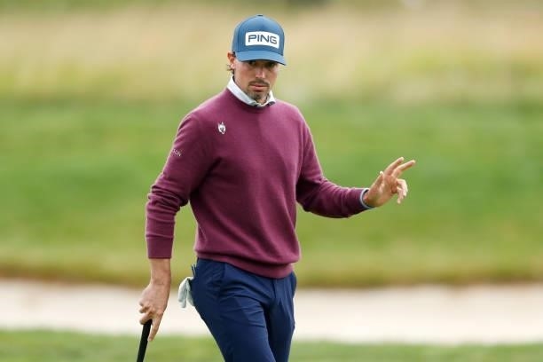 Paul Peterson of United States acknowledges the fans on the ninth hole during Day Four of The D+D Real Czech Masters at Albatross Golf Resort on...