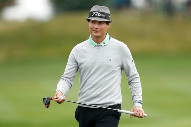 Tapio Pulkkanen of Finland smiles on the ninth hole during Day Four of The D+D Real Czech Masters at Albatross Golf Resort on August 22, 2021 in...