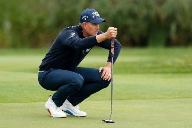 Henrik Stenson of Sweden lines up a putt on the ninth hole during Day Four of The D+D Real Czech Masters at Albatross Golf Resort on August 22, 2021...