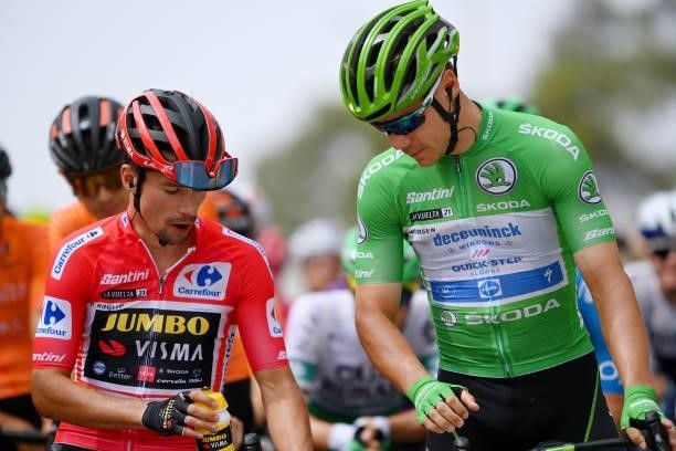 Primoz Roglic of Slovenia and Team Jumbo - Visma red leader jersey and Fabio Jakobsen of Netherlands and Team Deceuninck - Quick-Step green points...