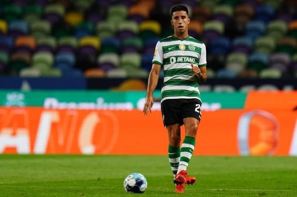 Goncalo Inacio of Sporting CP in action during the Liga Bwin match between Sporting CP and Belenenses SAD at Estadio Jose Alvalade on August 21, 2021...