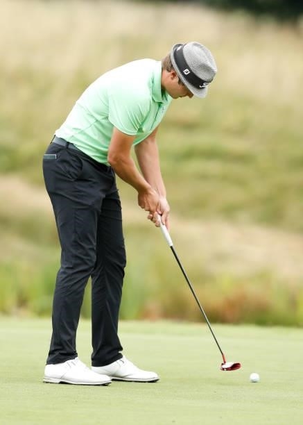 Tapio Pulkkanen of Finland plays a putt shot on the 16th hole during Day Four of The D+D Real Czech Masters at Albatross Golf Resort on August 22,...