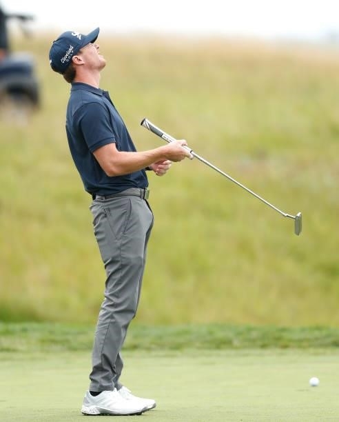 Sean Crocker of United States reacts to a missed putt on the 14th hole during Day Four of The D+D Real Czech Masters at Albatross Golf Resort on...