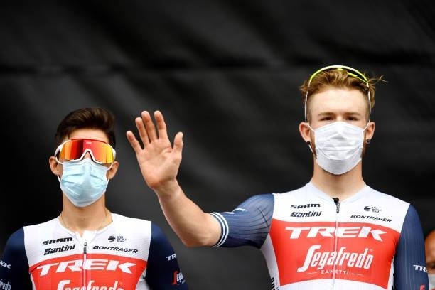 Juan Pedro López of Spain and Quinn Simmons of United States and Team Trek - Segafredo during the team presentation prior to the 76th Tour of Spain...