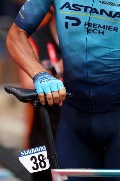 Detailed view of Saddle of Luis Leon Sanchez Gil of Spain and Team Astana – Premier Tech during the team presentation prior to the 76th Tour of Spain...