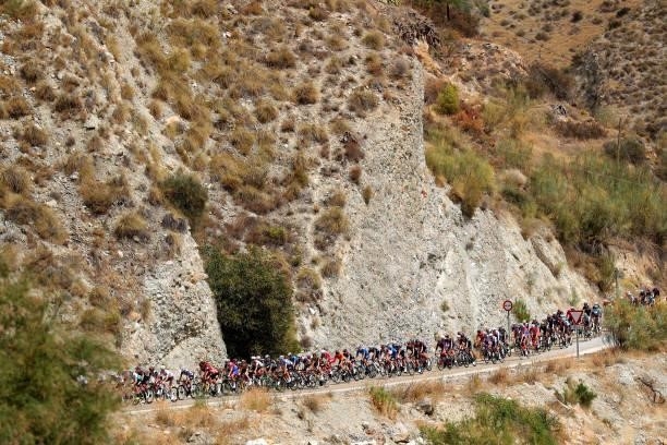 The peloton passing through a mountain landscape during the 76th Tour of Spain 2021, Stage 9 a 188 km stage from Puerto Lumbreras to Alto de...