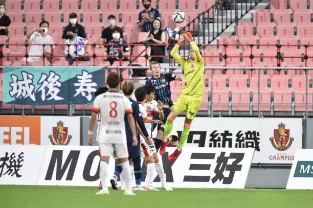 Of Nagoya Grampus saves the goal during the J.League Meiji Yasuda J1 match between Nagoya Grampus and Avispa Fukuoka at the Toyota Stadium on August...