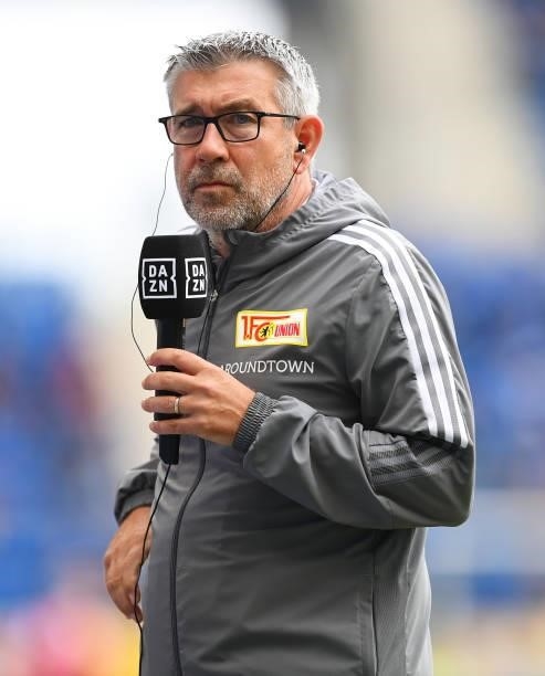 Urs Fischer, Head Coach of 1.FC Union Berlin looks on prior to the Bundesliga match between TSG Hoffenheim and 1. FC Union Berlin at PreZero-Arena on...