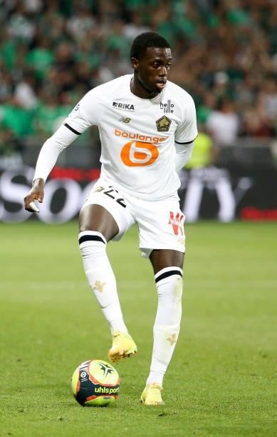 Timothy Weah of Lille during the Ligue 1 match between AS Saint Etienne and Lille OSC at Stade Geoffroy-Guichard on August 21, 2021 in Saint-Etienne,...
